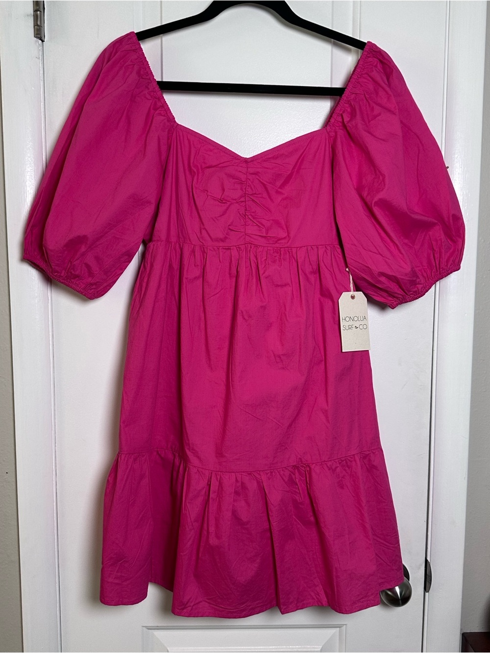 NEW HONOLUA SURF Hot Pink Puff-Sleeve Ruffled mini dress Women XL NWT